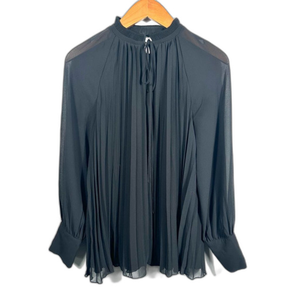 H&M Elegant Black Sheer Pleated Chiffon Long Sleeve Blouse Size Small Office - Picture 2 of 16